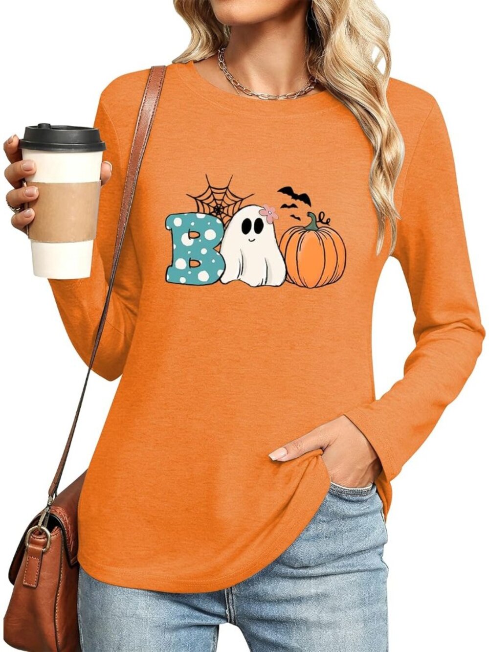 🎃Women's Orange Boo Pumpkin Ghost Long Sleeve Crew Neck Tops Halloween Shirts - Picture 3 of 5